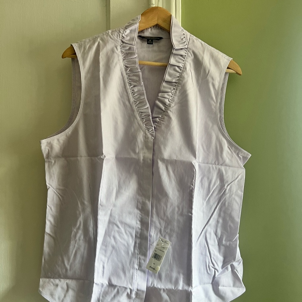 Brooks Brothers White and Light Blue Striped Sleeveless Ruffle V-Neck Blouse